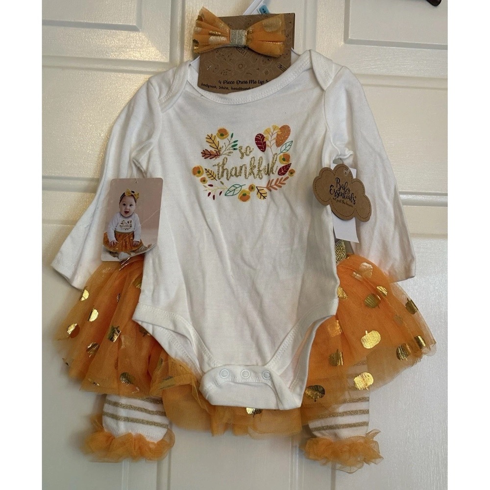 Baby Essentials So Thankful 4pc Set 6M Bodysuit Tutu Headband Leg Warmers 89203